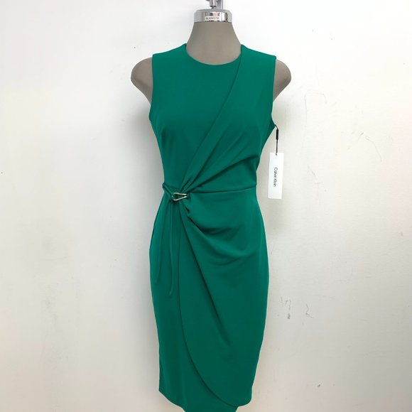Petite Size 4P NEW Calvin Klein Elegant Faux Wrap Meadow Green Sheath Dress - Picture 1 of 7